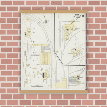 Old map wall art mockup — magnetic wood frame on brick wall — Sanborn Fire Insurance Map from Suffolk, Independent Cities, Virginia (1889), Sheet #0008