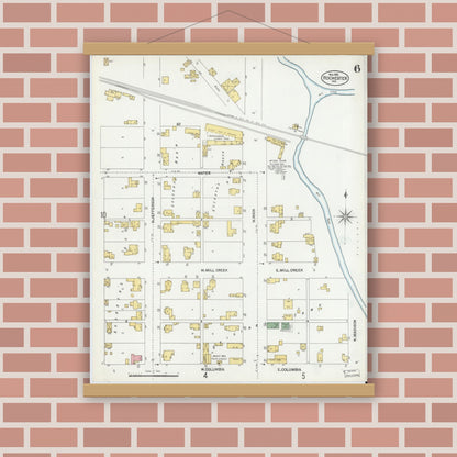 Old map wall art mockup — magnetic wood frame on brick wall — Sanborn Fire Insurance Map from Rochester, Fulton County, Indiana (1901), Sheet #0006