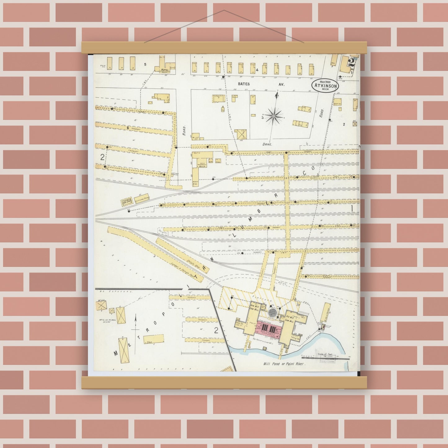 Old map wall art mockup — magnetic wood frame on brick wall — Sanborn Fire Insurance Map from Atkinson, Iron County, Michigan (1900), Sheet #0002