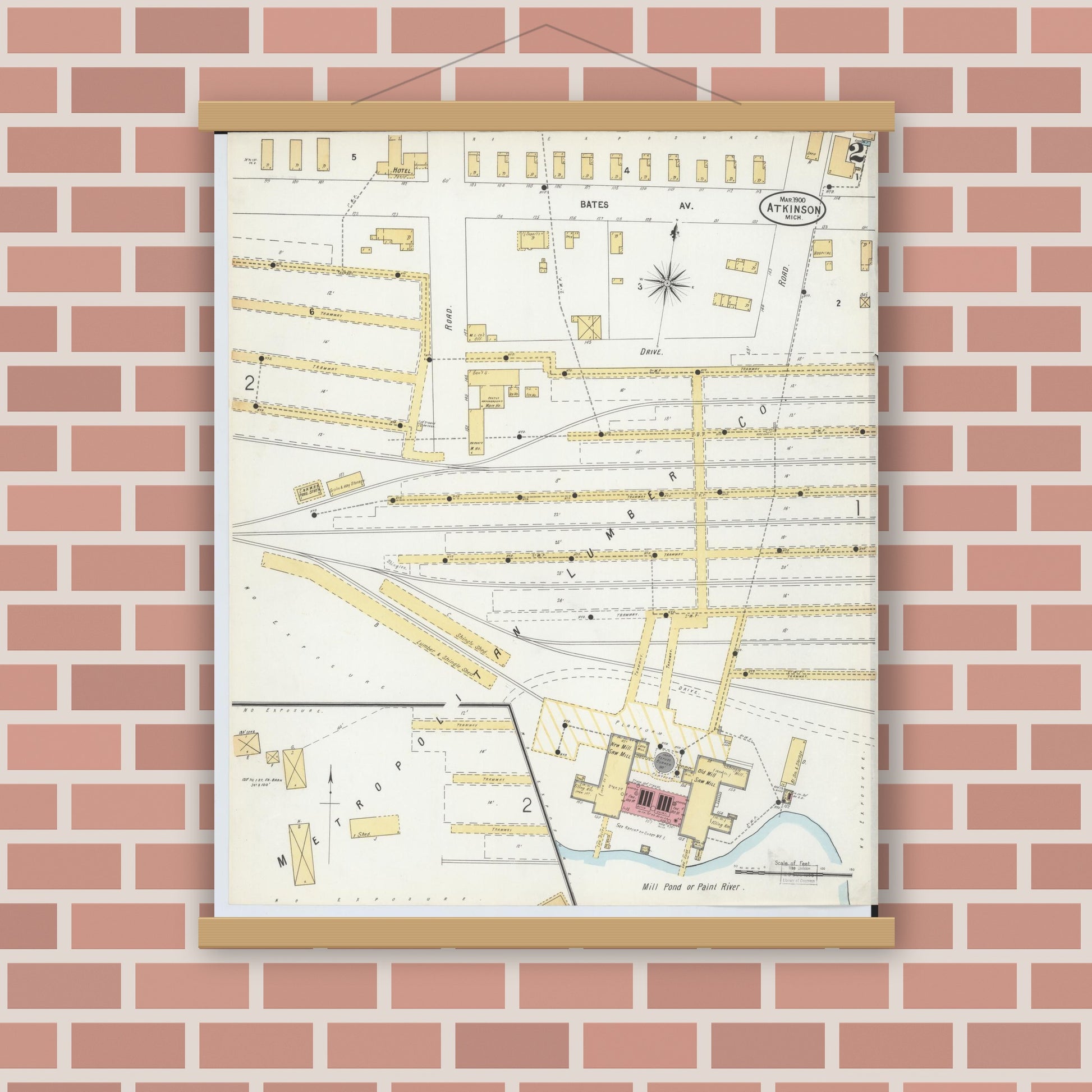 Old map wall art mockup — magnetic wood frame on brick wall — Sanborn Fire Insurance Map from Atkinson, Iron County, Michigan (1900), Sheet #0002