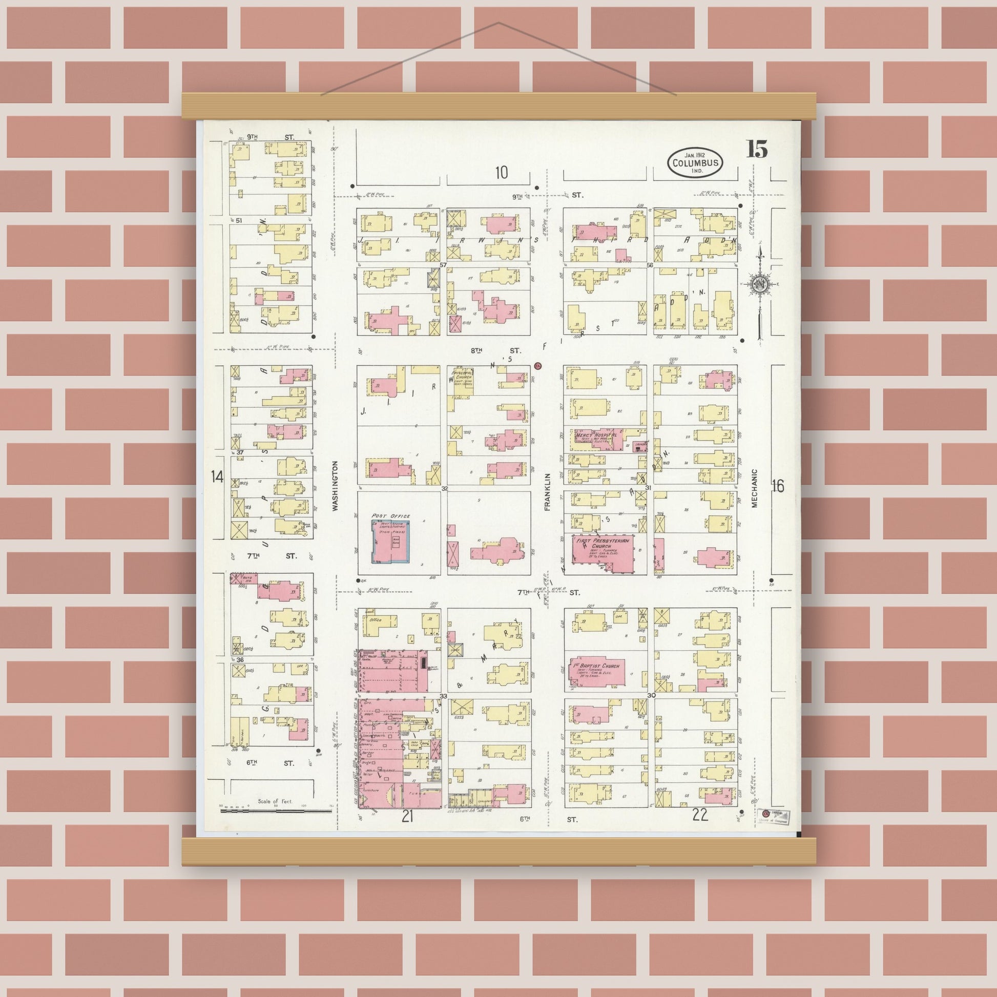 Old map wall art mockup — magnetic wood frame on brick wall — Sanborn Fire Insurance Map from Columbus, Bartholomew County, Indiana (1912), Sheet #0015