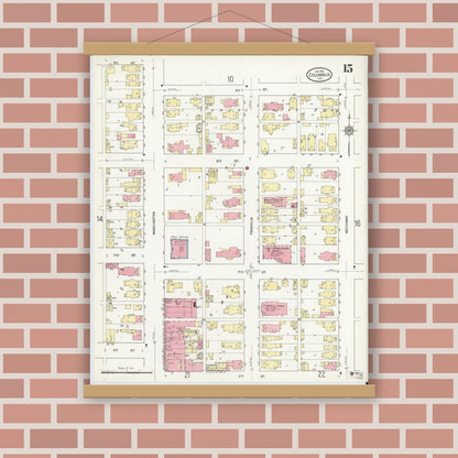 Old map wall art mockup — magnetic wood frame on brick wall — Sanborn Fire Insurance Map from Columbus, Bartholomew County, Indiana (1912), Sheet #0015