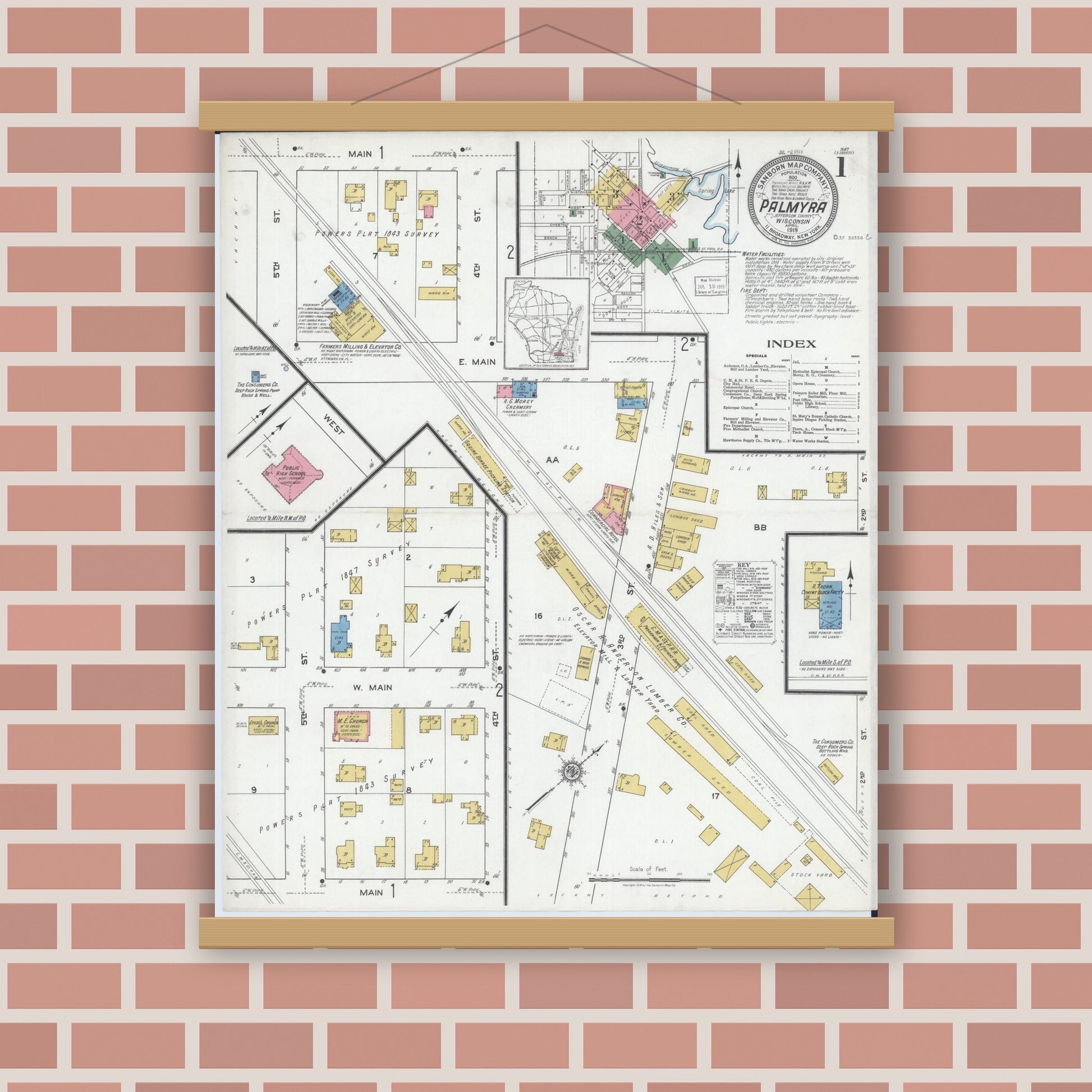Old map wall art mockup — magnetic wood frame on brick wall — Sanborn Fire Insurance Map from Palmyra, Jefferson County, Wisconsin (1919) - Complete Map Set