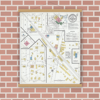 Old map wall art mockup — magnetic wood frame on brick wall — Sanborn Fire Insurance Map from Palmyra, Jefferson County, Wisconsin (1919) - Complete Map Set