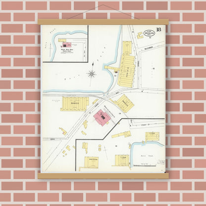 Old map wall art mockup — magnetic wood frame on brick wall — Sanborn Fire Insurance Map from Woburn, Middlesex County, Massachusetts (1899), Sheet #0018
