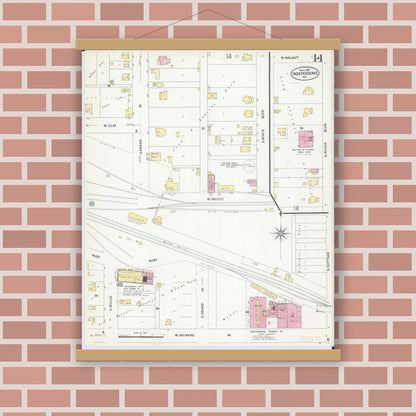 Old map wall art mockup — magnetic wood frame on brick wall — Sanborn Fire Insurance Map from Independence, Jackson County, Missouri (1907), Sheet #0014