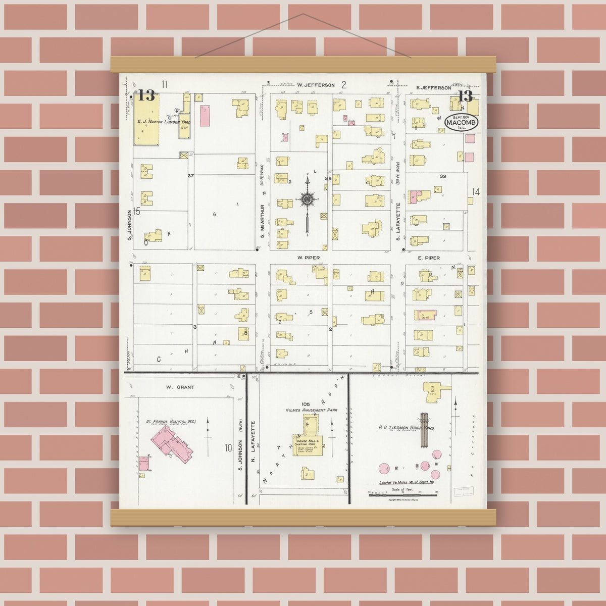 Old map wall art mockup — magnetic wood frame on brick wall — Sanborn Fire Insurance Map from Macomb, Mcdonough County, Illinois (1924), Sheet #0013