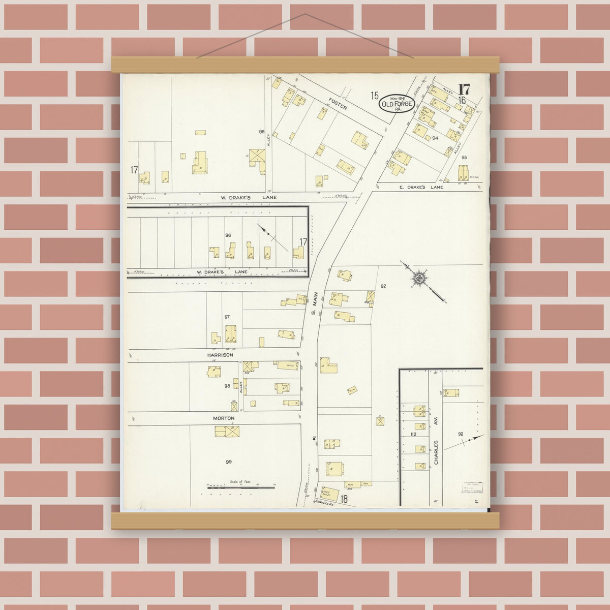 Old map wall art mockup — magnetic wood frame on brick wall — Sanborn Fire Insurance Map from Old Forge, Lackawanna County, Pennsylvania (1914), Sheet #0017