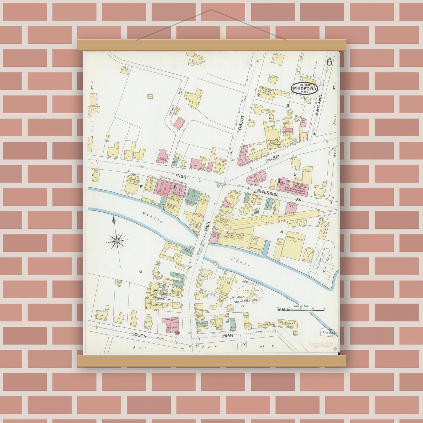 Old map wall art mockup — magnetic wood frame on brick wall — Sanborn Fire Insurance Map from Medford, Middlesex County, Massachusetts (1892), Sheet #0006