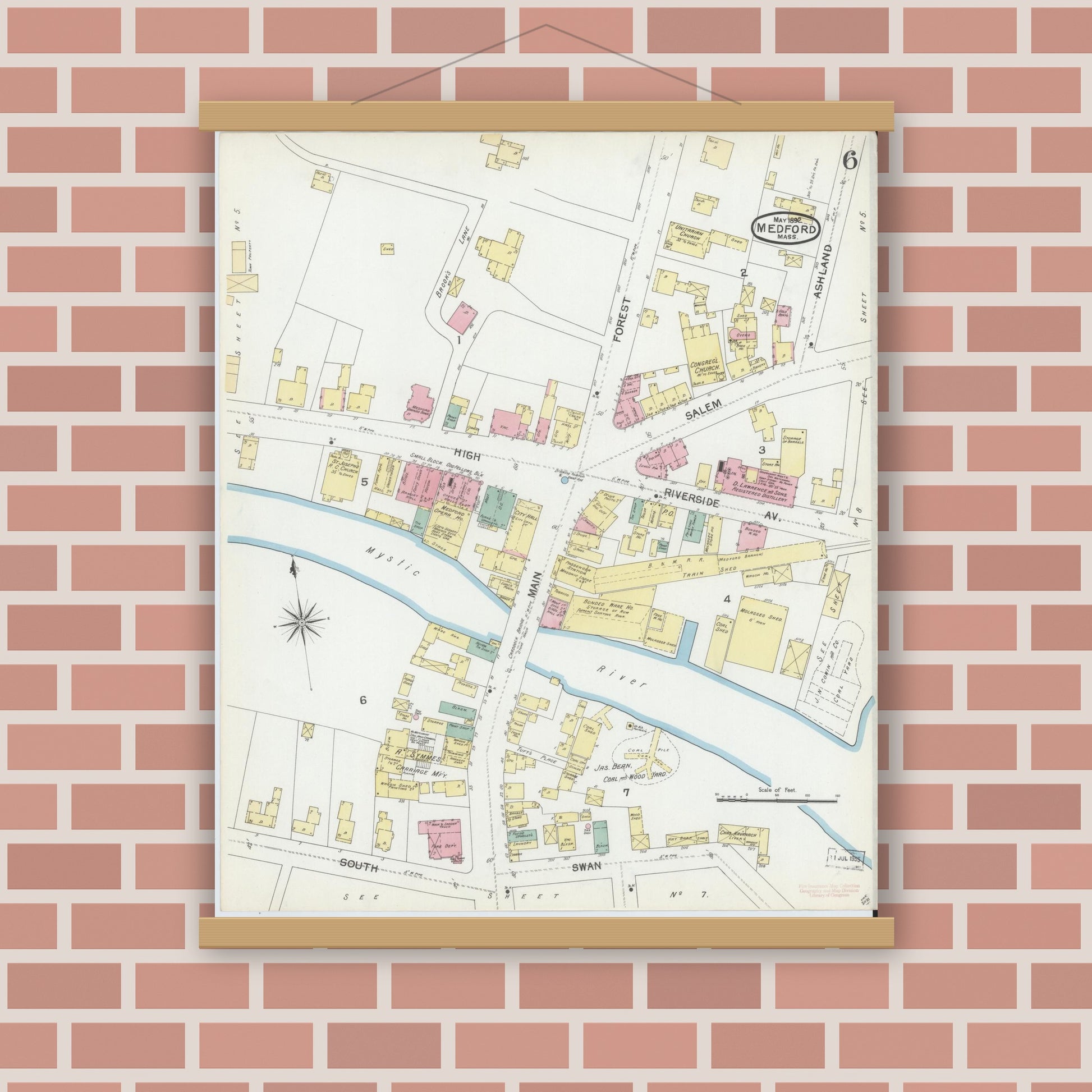 Old map wall art mockup — magnetic wood frame on brick wall — Sanborn Fire Insurance Map from Medford, Middlesex County, Massachusetts (1892), Sheet #0006