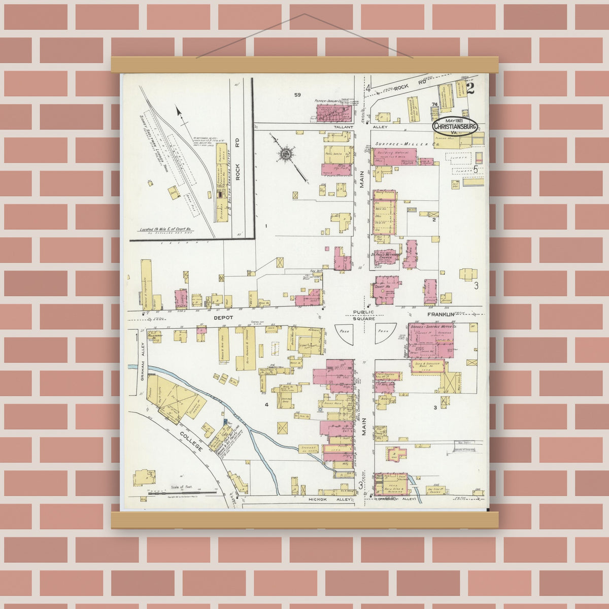 Old map wall art mockup — magnetic wood frame on brick wall — Sanborn Fire Insurance Map from Christiansburg, Montgomery County, Virginia (1921), Sheet #0002