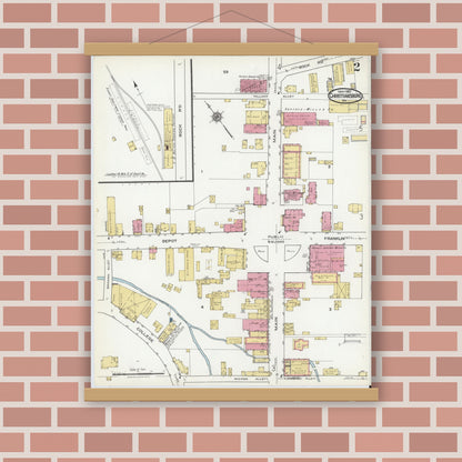 Old map wall art mockup — magnetic wood frame on brick wall — Sanborn Fire Insurance Map from Christiansburg, Montgomery County, Virginia (1921), Sheet #0002