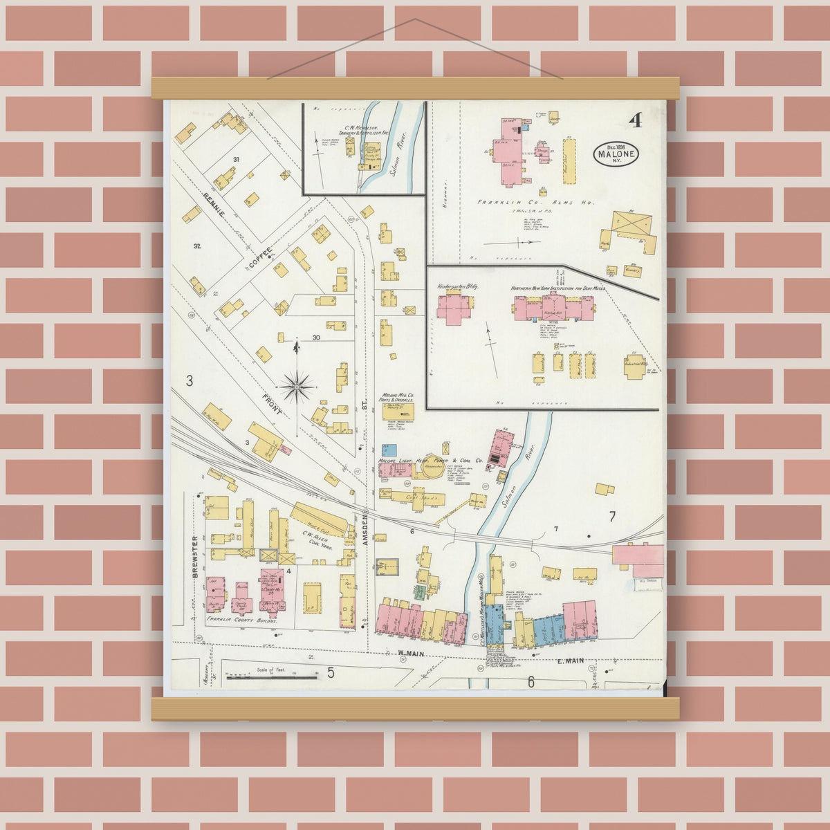 Old map wall art mockup — magnetic wood frame on brick wall — Sanborn Fire Insurance Map from Malone, Franklin County, New York (1898), Sheet #0004