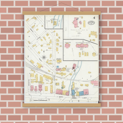 Old map wall art mockup — magnetic wood frame on brick wall — Sanborn Fire Insurance Map from Malone, Franklin County, New York (1898), Sheet #0004