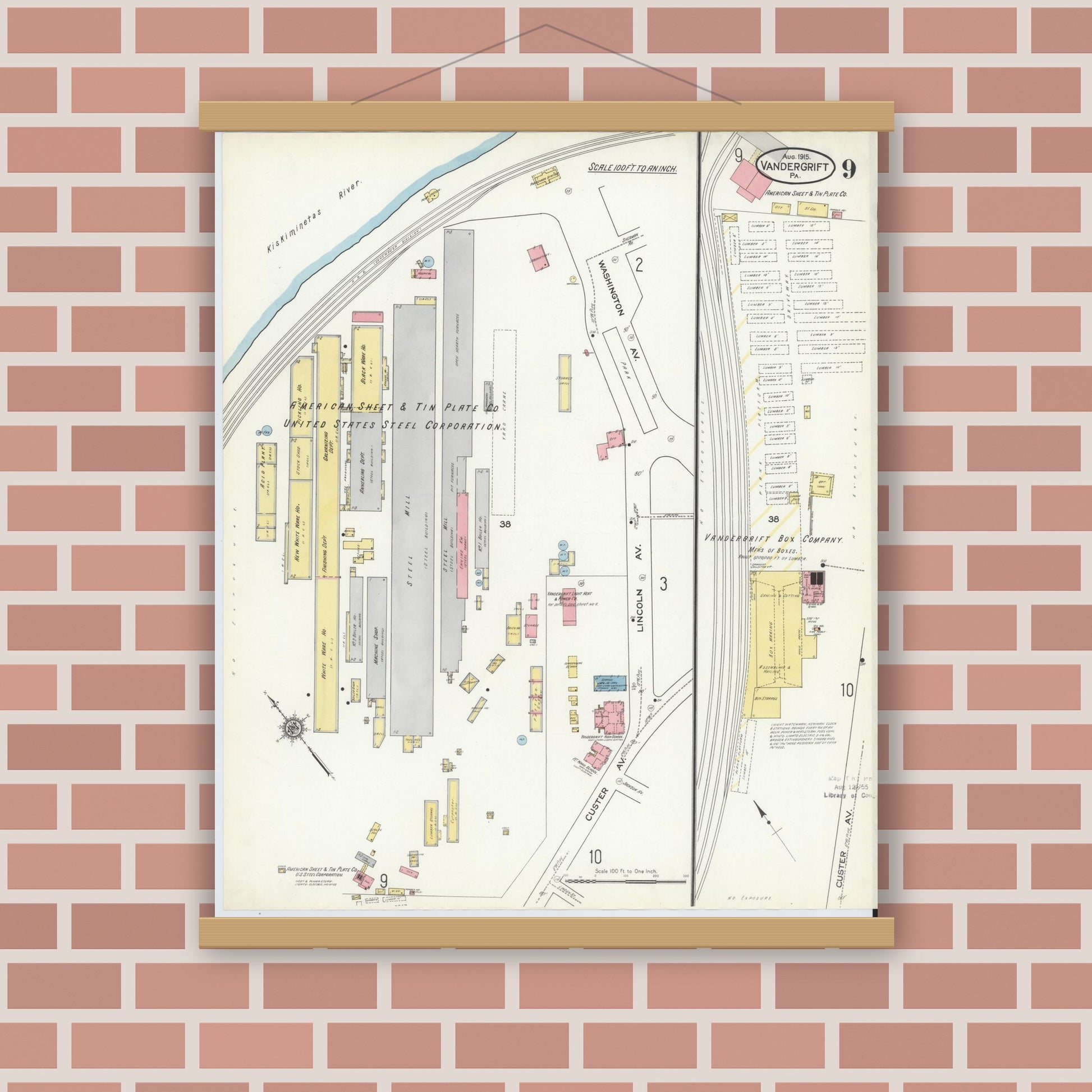Old map wall art mockup — magnetic wood frame on brick wall — Sanborn Fire Insurance Map from Vandergrift, Westmoreland County, Pennsylvania (1915), Sheet #0009