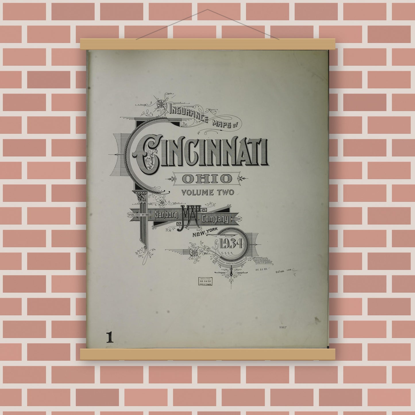 Old map wall art mockup — magnetic wood frame on brick wall — Sanborn Fire Insurance Map from Cincinnati, Hamilton County, Ohio (1934), Sheet #0001