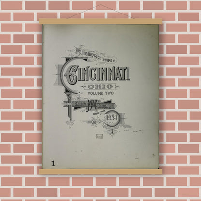 Old map wall art mockup — magnetic wood frame on brick wall — Sanborn Fire Insurance Map from Cincinnati, Hamilton County, Ohio (1934), Sheet #0001