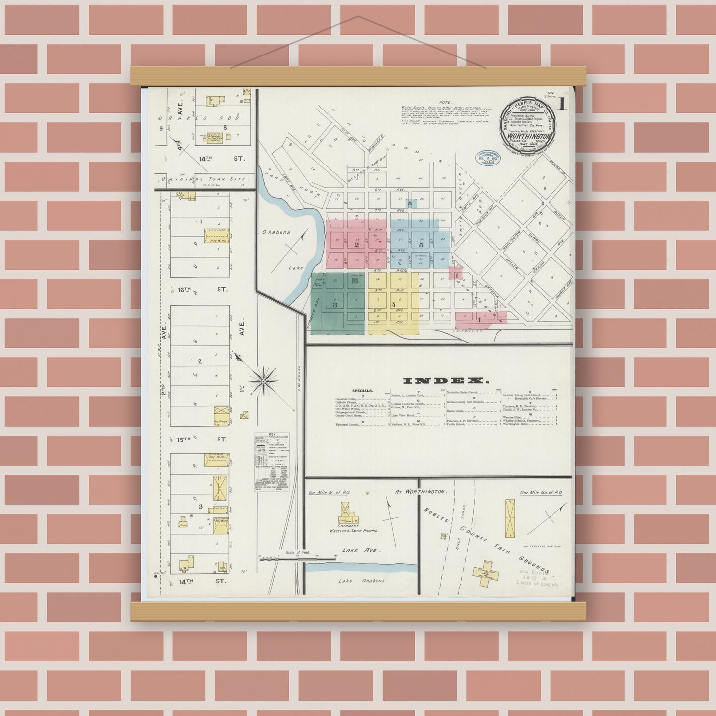 Old map wall art mockup — magnetic wood frame on brick wall — Sanborn Fire Insurance Map from Worthington, Nobles County, Minnesota (1894) - Complete Map Set
