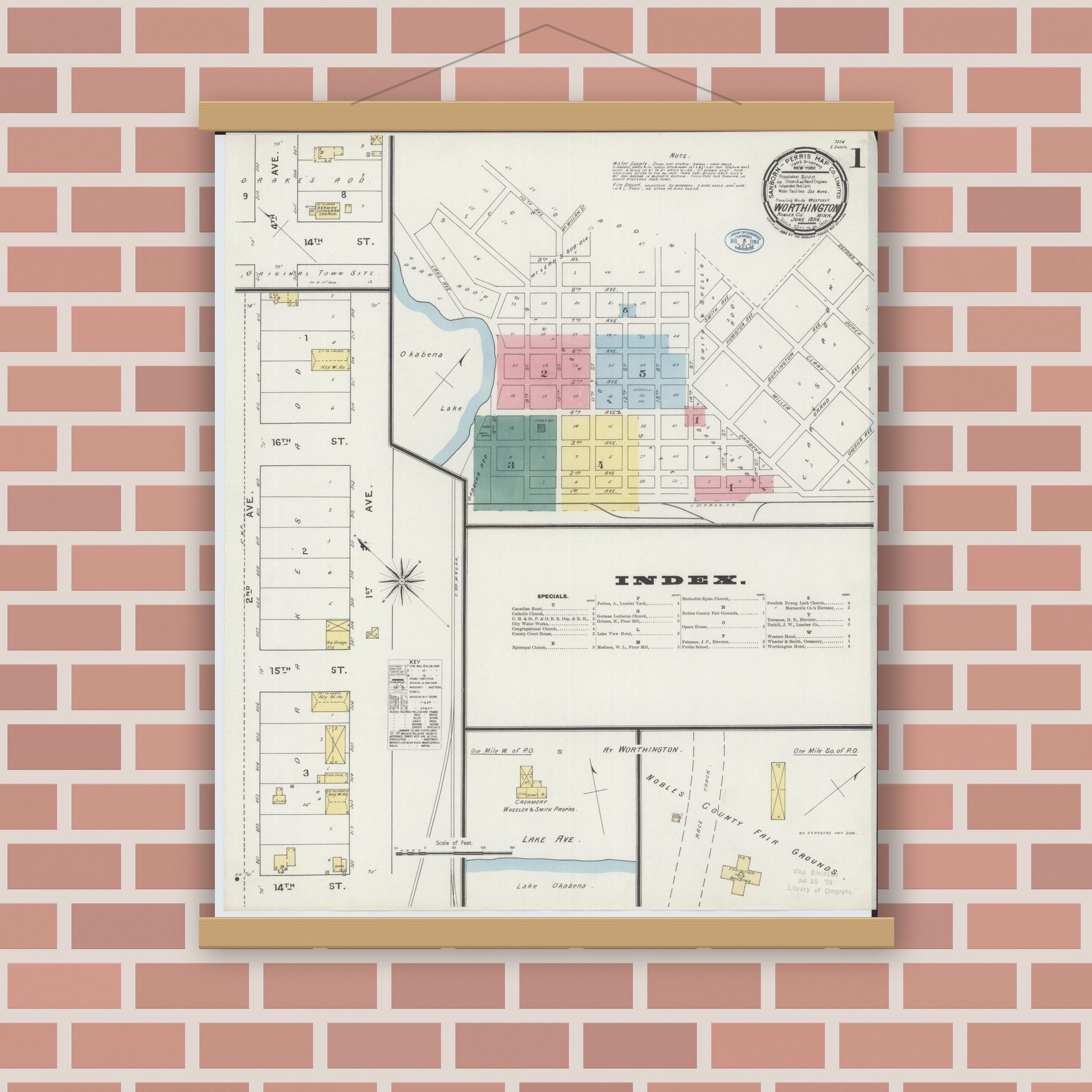 Old map wall art mockup — magnetic wood frame on brick wall — Sanborn Fire Insurance Map from Worthington, Nobles County, Minnesota (1894) - Complete Map Set
