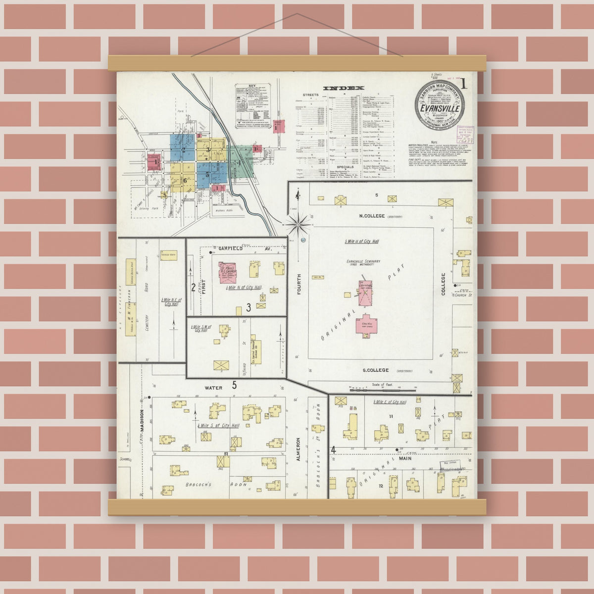 Old map wall art mockup — magnetic wood frame on brick wall — Sanborn Fire Insurance Map from Evansville, Rock County, Wisconsin (1907), Sheet #0001