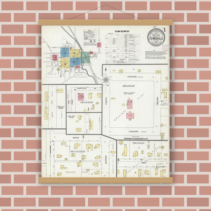 Old map wall art mockup — magnetic wood frame on brick wall — Sanborn Fire Insurance Map from Evansville, Rock County, Wisconsin (1907), Sheet #0001