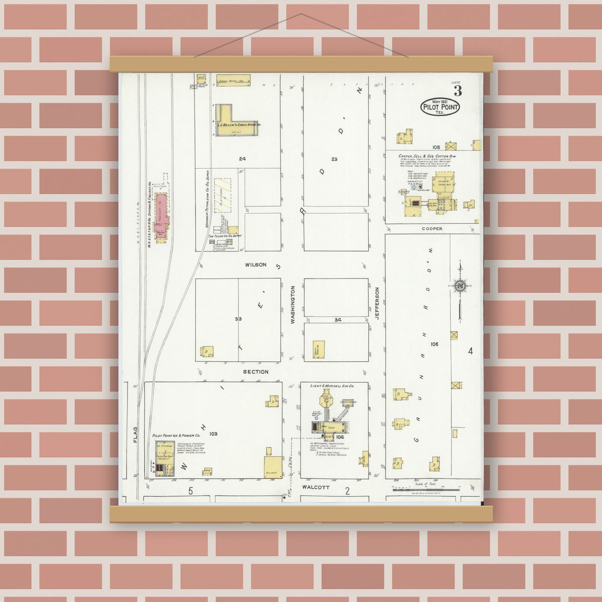 Old map wall art mockup — magnetic wood frame on brick wall — Sanborn Fire Insurance Map from Pilot Point, Denton County, Texas (1921), Sheet #0003