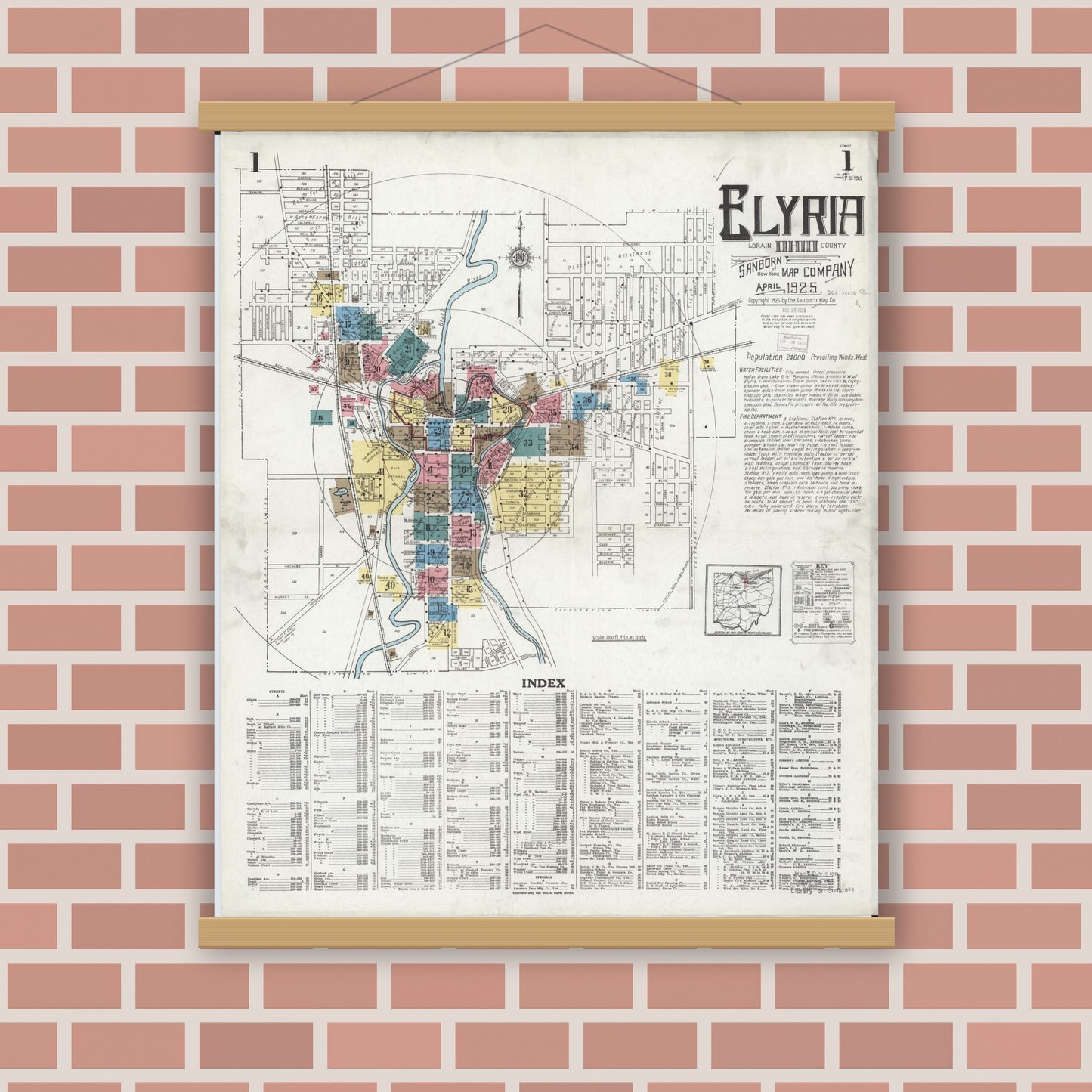 Old map wall art mockup — magnetic wood frame on brick wall — Sanborn Fire Insurance Map from Elyria, Lorain County, Ohio (1925), Sheet #0001