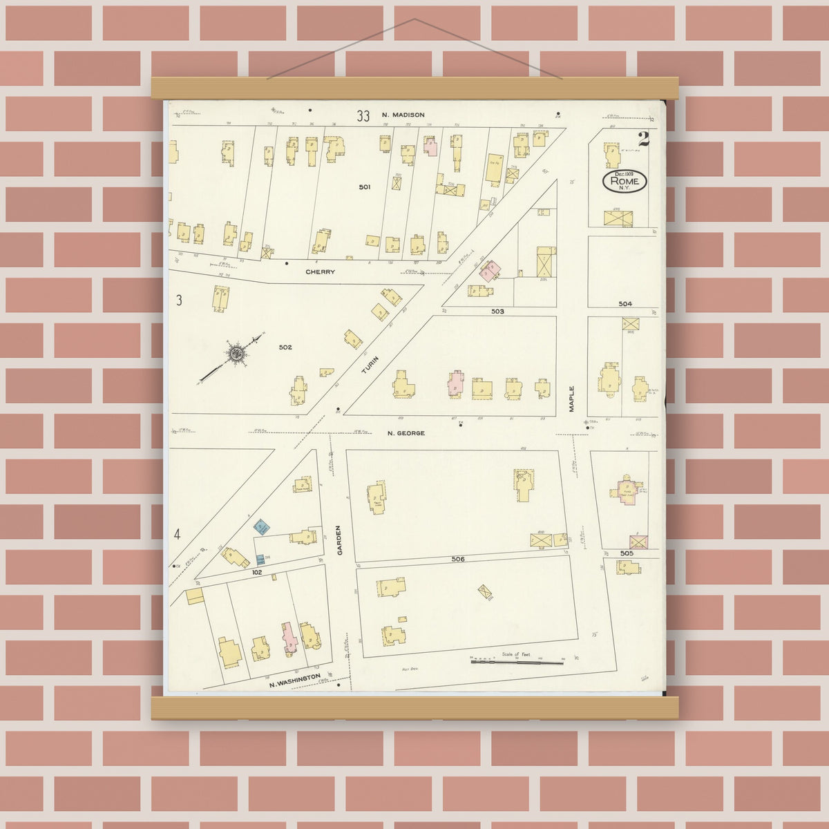 Old map wall art mockup — magnetic wood frame on brick wall — Sanborn Fire Insurance Map from Rome, Oneida County, New York (1909), Sheet #0002