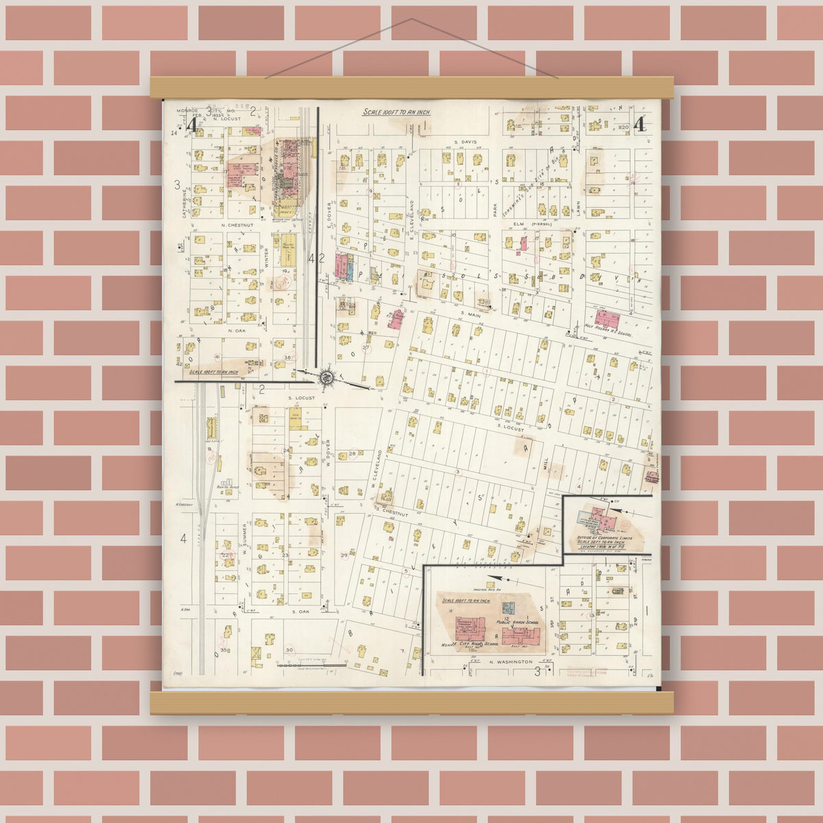Old map wall art mockup — magnetic wood frame on brick wall — Sanborn Fire Insurance Map from Monroe City, Monroe County, Missouri (1943), Sheet #0004