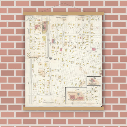 Old map wall art mockup — magnetic wood frame on brick wall — Sanborn Fire Insurance Map from Monroe City, Monroe County, Missouri (1943), Sheet #0004