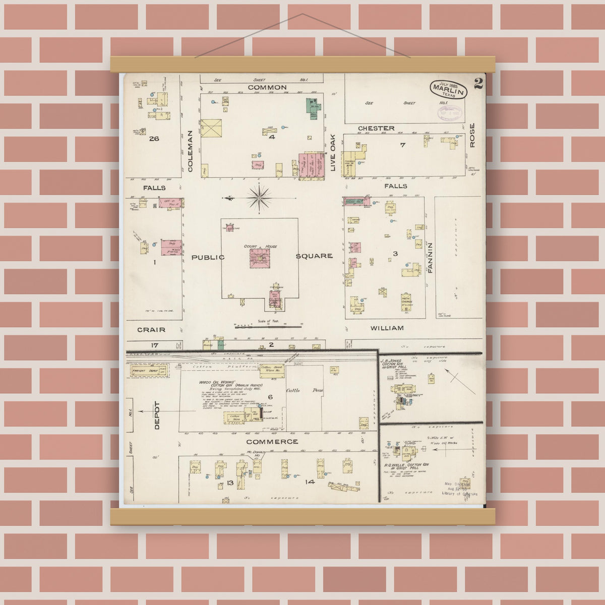 Old map wall art mockup — magnetic wood frame on brick wall — Sanborn Fire Insurance Map from Marlin, Falls County, Texas (1885), Sheet #0002