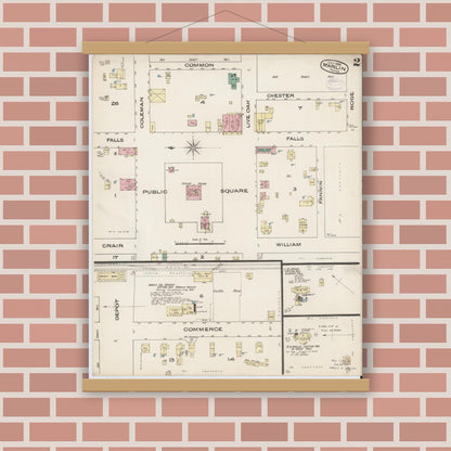 Old map wall art mockup — magnetic wood frame on brick wall — Sanborn Fire Insurance Map from Marlin, Falls County, Texas (1885), Sheet #0002