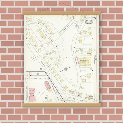 Old map wall art mockup — magnetic wood frame on brick wall — Sanborn Fire Insurance Map from Arlington, Middlesex County, Massachusetts (1914), Sheet #0025