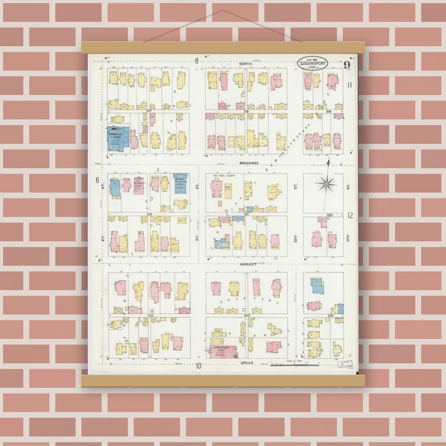 Old map wall art mockup — magnetic wood frame on brick wall — Sanborn Fire Insurance Map from Logansport, Cass County, Indiana (1906), Sheet #0009