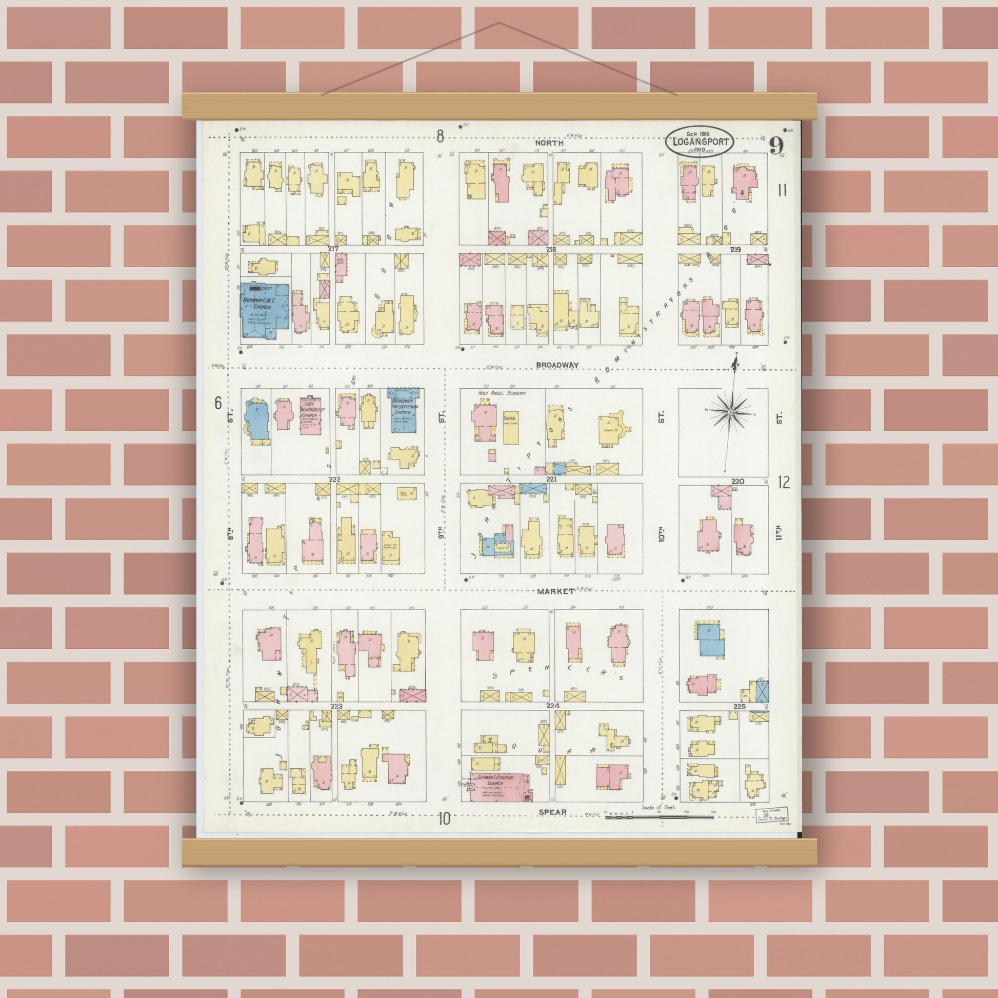 Old map wall art mockup — magnetic wood frame on brick wall — Sanborn Fire Insurance Map from Logansport, Cass County, Indiana (1906), Sheet #0009