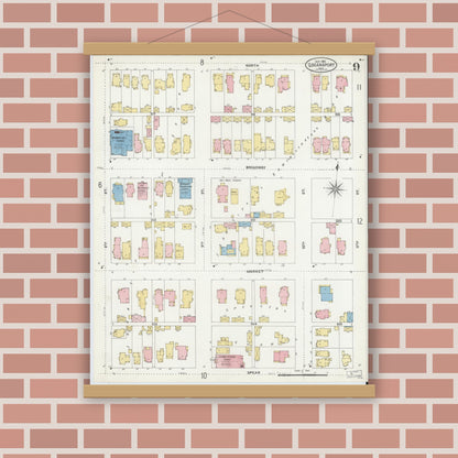 Old map wall art mockup — magnetic wood frame on brick wall — Sanborn Fire Insurance Map from Logansport, Cass County, Indiana (1906), Sheet #0009