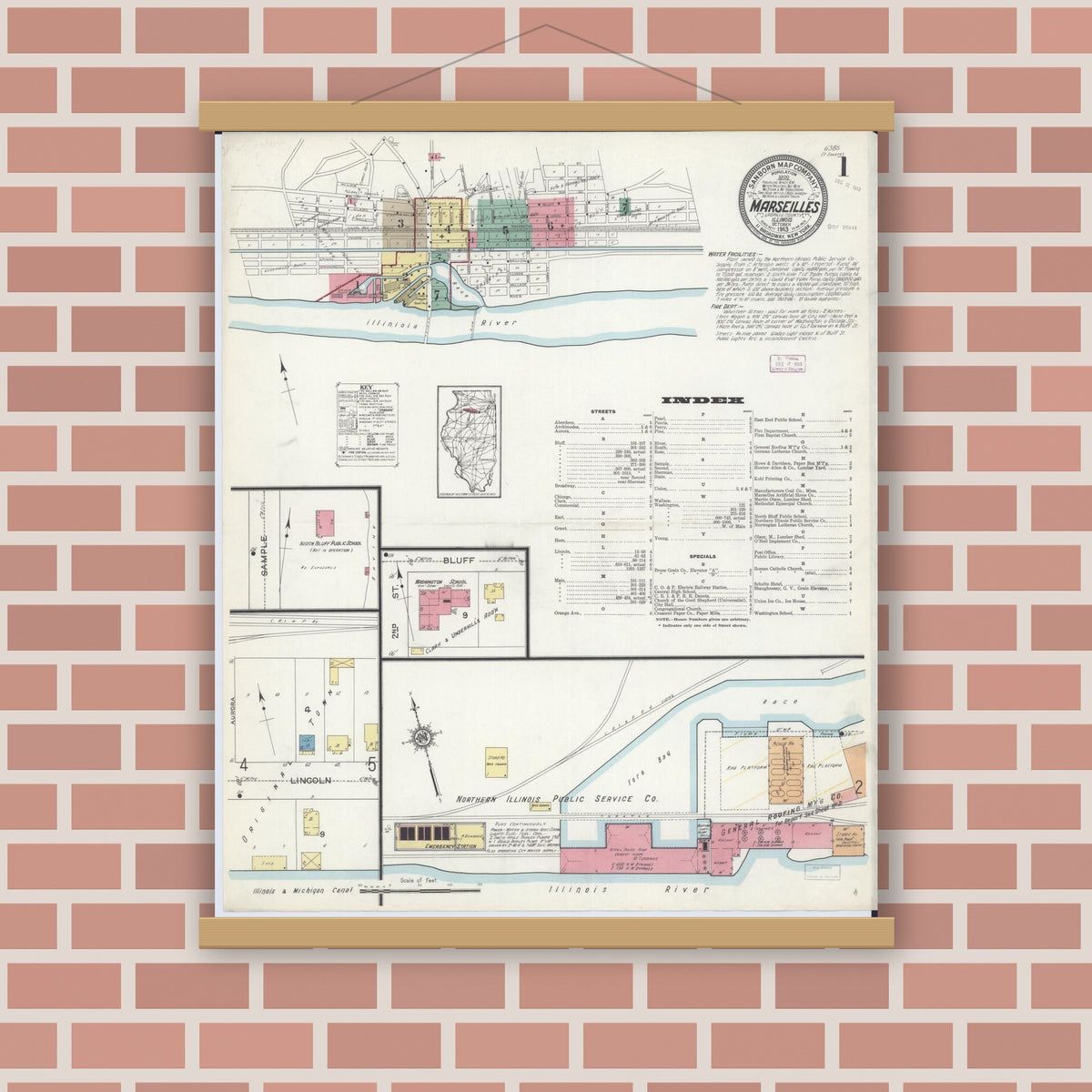 Old map wall art mockup — magnetic wood frame on brick wall — Sanborn Fire Insurance Map from Marseilles, La Salle County, Illinois (1913), Sheet #0001
