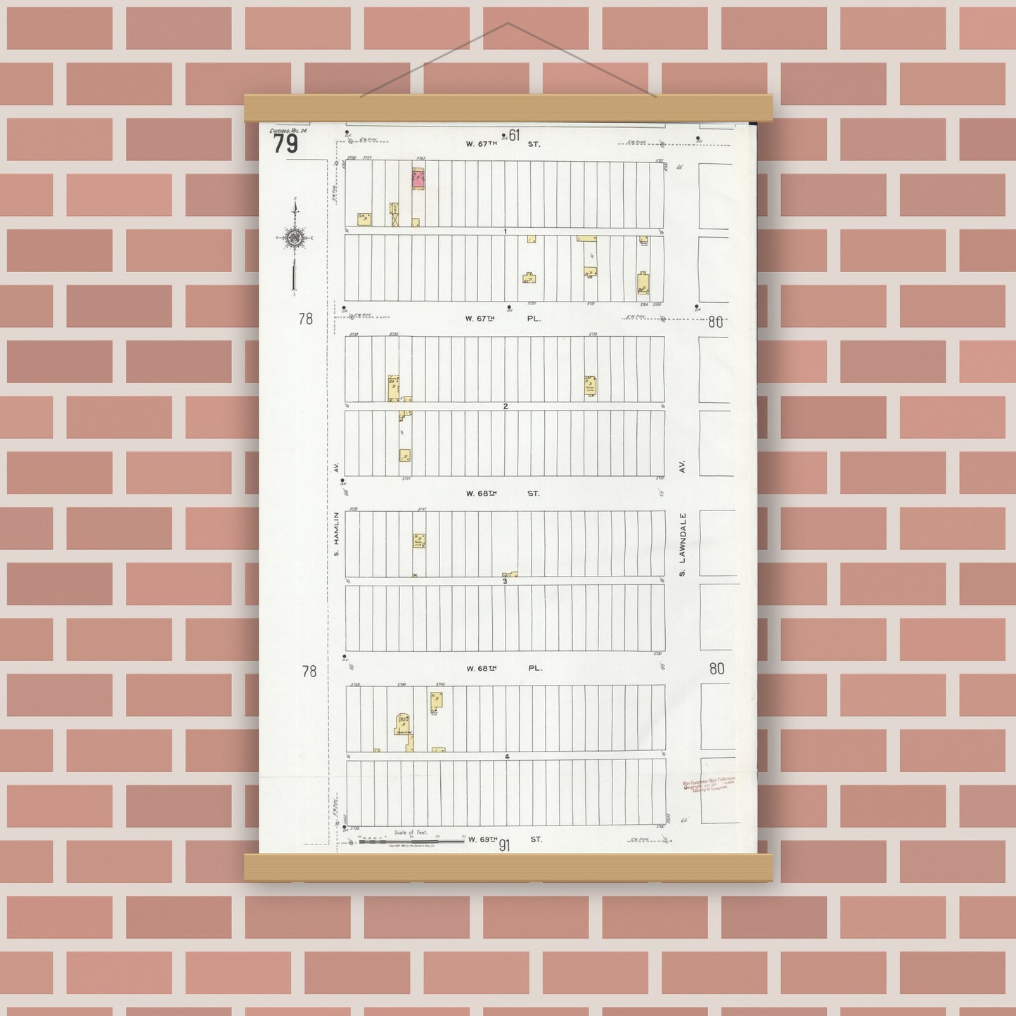 Old map wall art mockup — magnetic wood frame on brick wall — Sanborn Fire Insurance Map from Chicago, Cook County, Illinois (1920), Sheet #0079