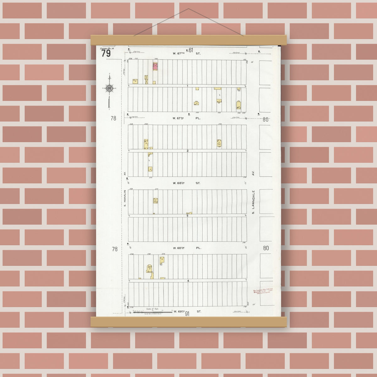 Old map wall art mockup — magnetic wood frame on brick wall — Sanborn Fire Insurance Map from Chicago, Cook County, Illinois (1920), Sheet #0079