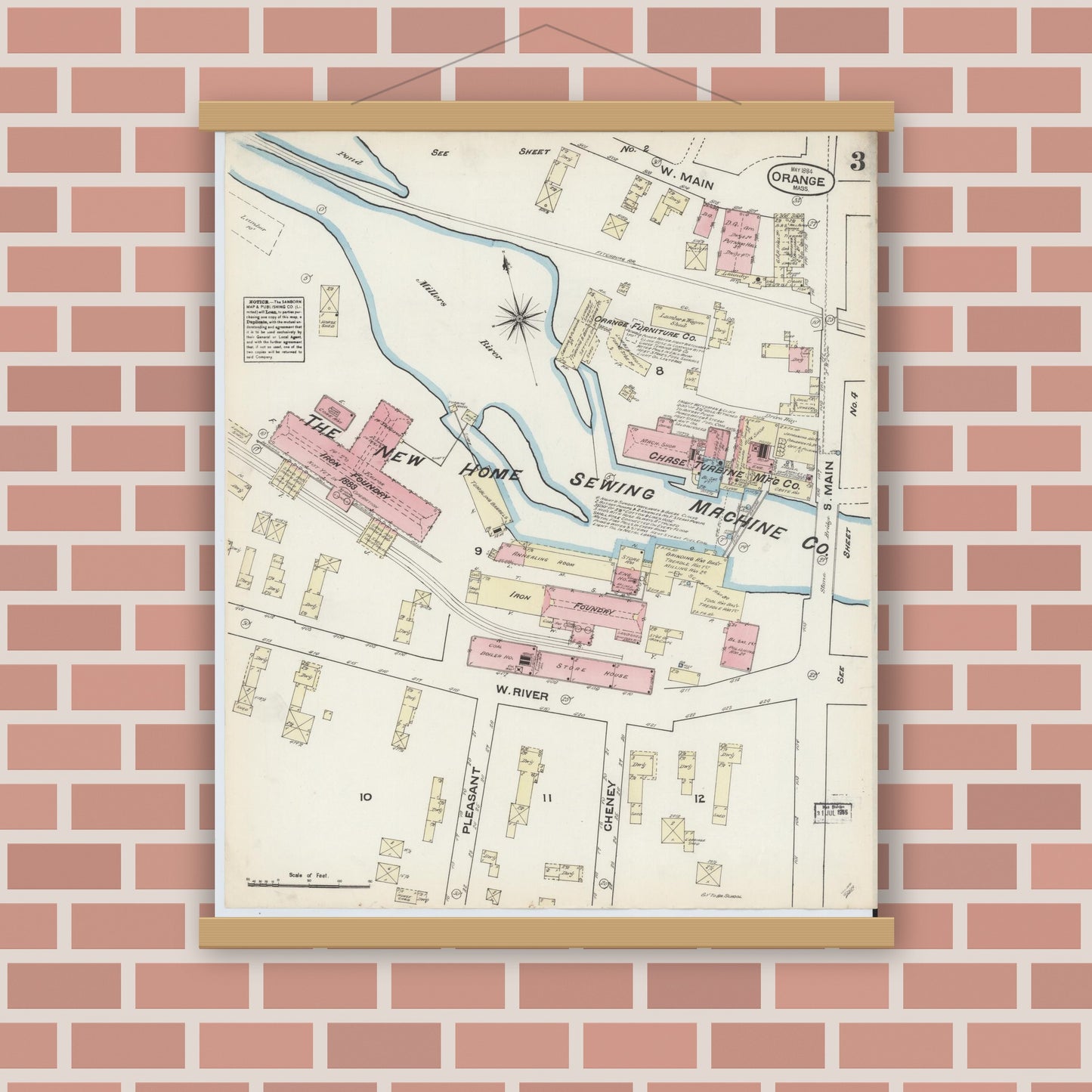 Old map wall art mockup — magnetic wood frame on brick wall — Sanborn Fire Insurance Map from Orange, Franklin County, Massachusetts (1884), Sheet #0003