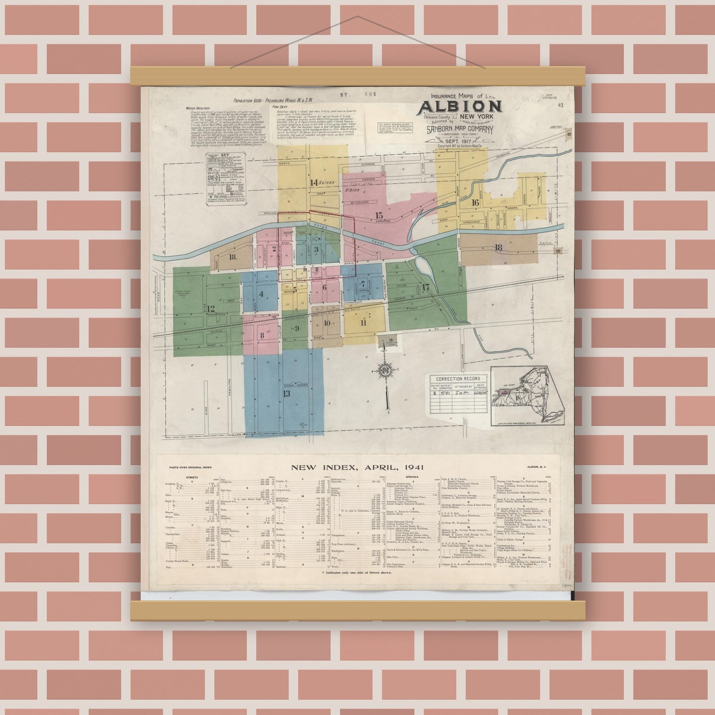 Old map wall art mockup — magnetic wood frame on brick wall — Sanborn Fire Insurance Map from Albion, Orleans County, New York (1941) - Complete Map Set