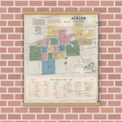 Old map wall art mockup — magnetic wood frame on brick wall — Sanborn Fire Insurance Map from Albion, Orleans County, New York (1941) - Complete Map Set