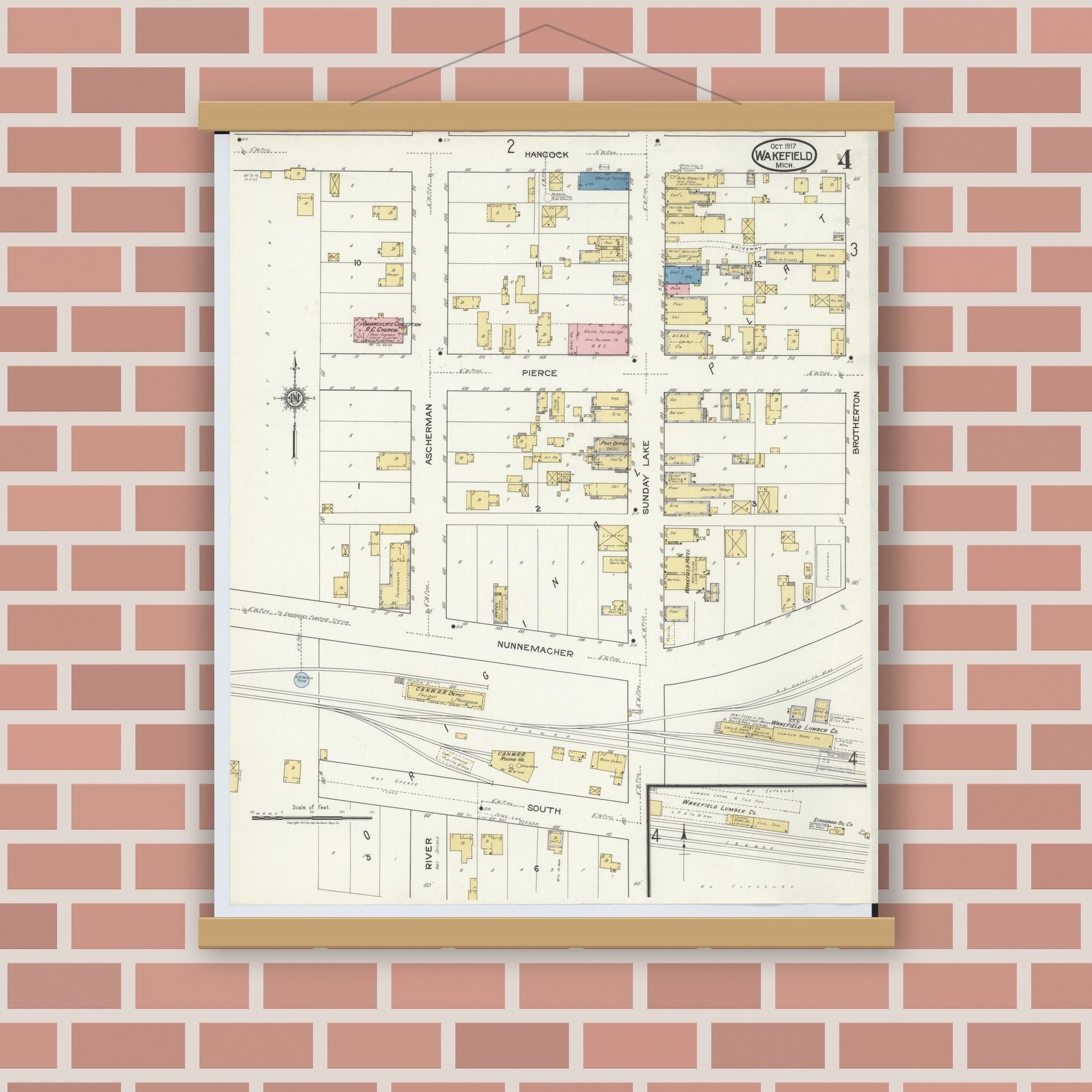 Old map wall art mockup — magnetic wood frame on brick wall — Sanborn Fire Insurance Map from Wakefield, Gogebic County, Michigan (1917), Sheet #0004