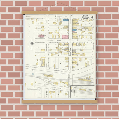 Old map wall art mockup — magnetic wood frame on brick wall — Sanborn Fire Insurance Map from Wakefield, Gogebic County, Michigan (1917), Sheet #0004