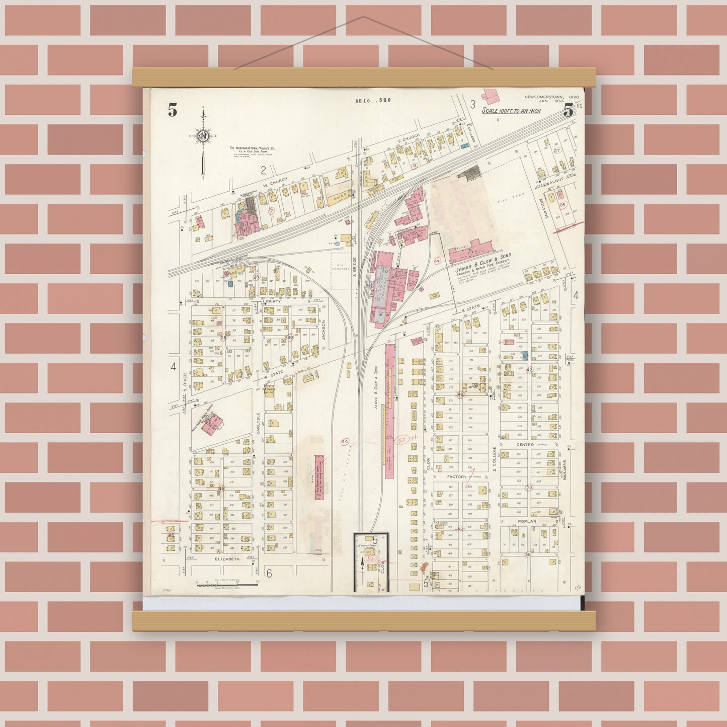 Old map wall art mockup — magnetic wood frame on brick wall — Sanborn Fire Insurance Map from Newcomerstown, Tuscarawas County, Ohio (1933), Sheet #0005