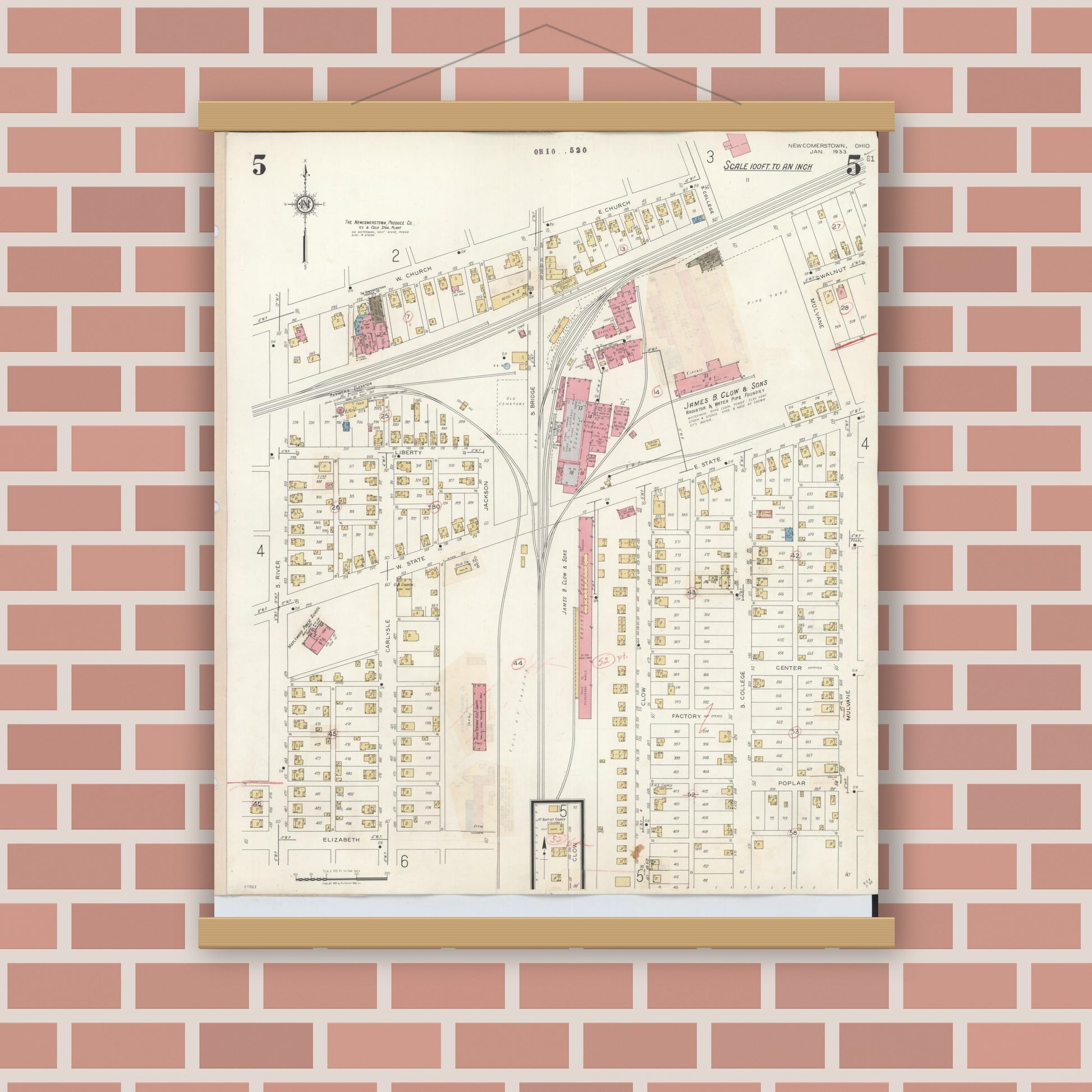 Old map wall art mockup — magnetic wood frame on brick wall — Sanborn Fire Insurance Map from Newcomerstown, Tuscarawas County, Ohio (1933), Sheet #0005