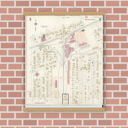 Old map wall art mockup — magnetic wood frame on brick wall — Sanborn Fire Insurance Map from Newcomerstown, Tuscarawas County, Ohio (1933), Sheet #0005