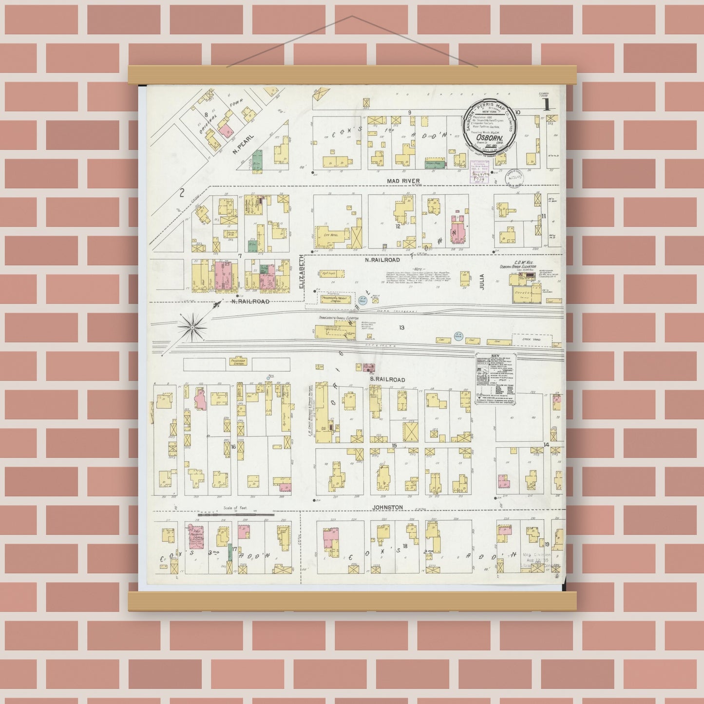 Old map wall art mockup — magnetic wood frame on brick wall — Sanborn Fire Insurance Map from Osborn, Greene County, Ohio (1901), Sheet #0001