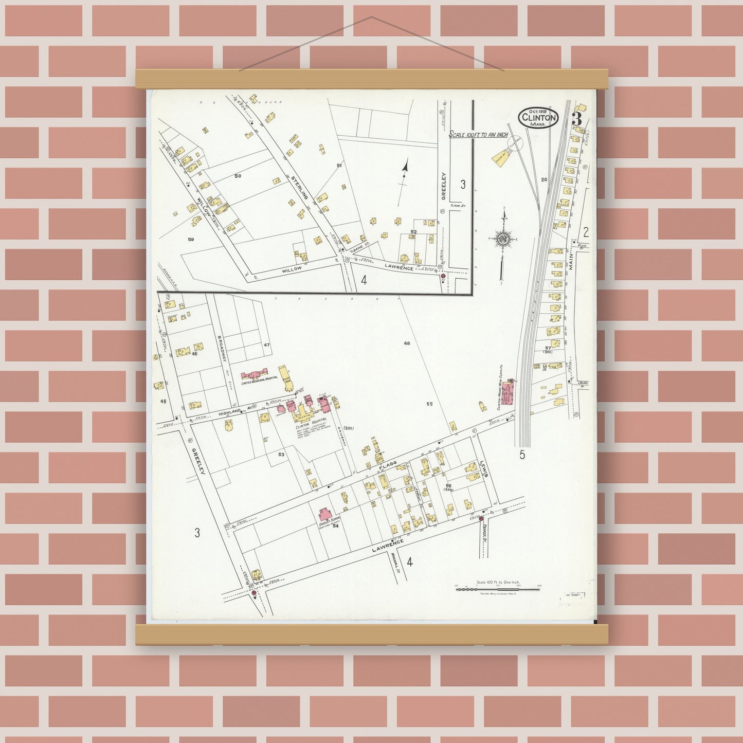 Old map wall art mockup — magnetic wood frame on brick wall — Sanborn Fire Insurance Map from Clinton, Worcester County, Massachusetts (1919), Sheet #0003
