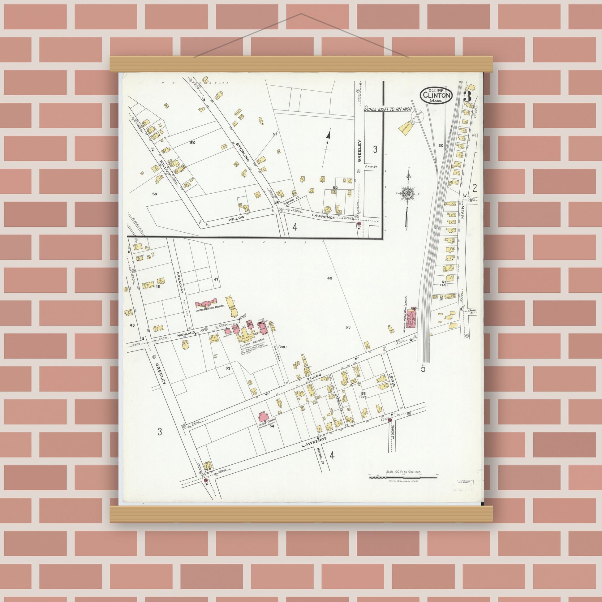 Old map wall art mockup — magnetic wood frame on brick wall — Sanborn Fire Insurance Map from Clinton, Worcester County, Massachusetts (1919), Sheet #0003